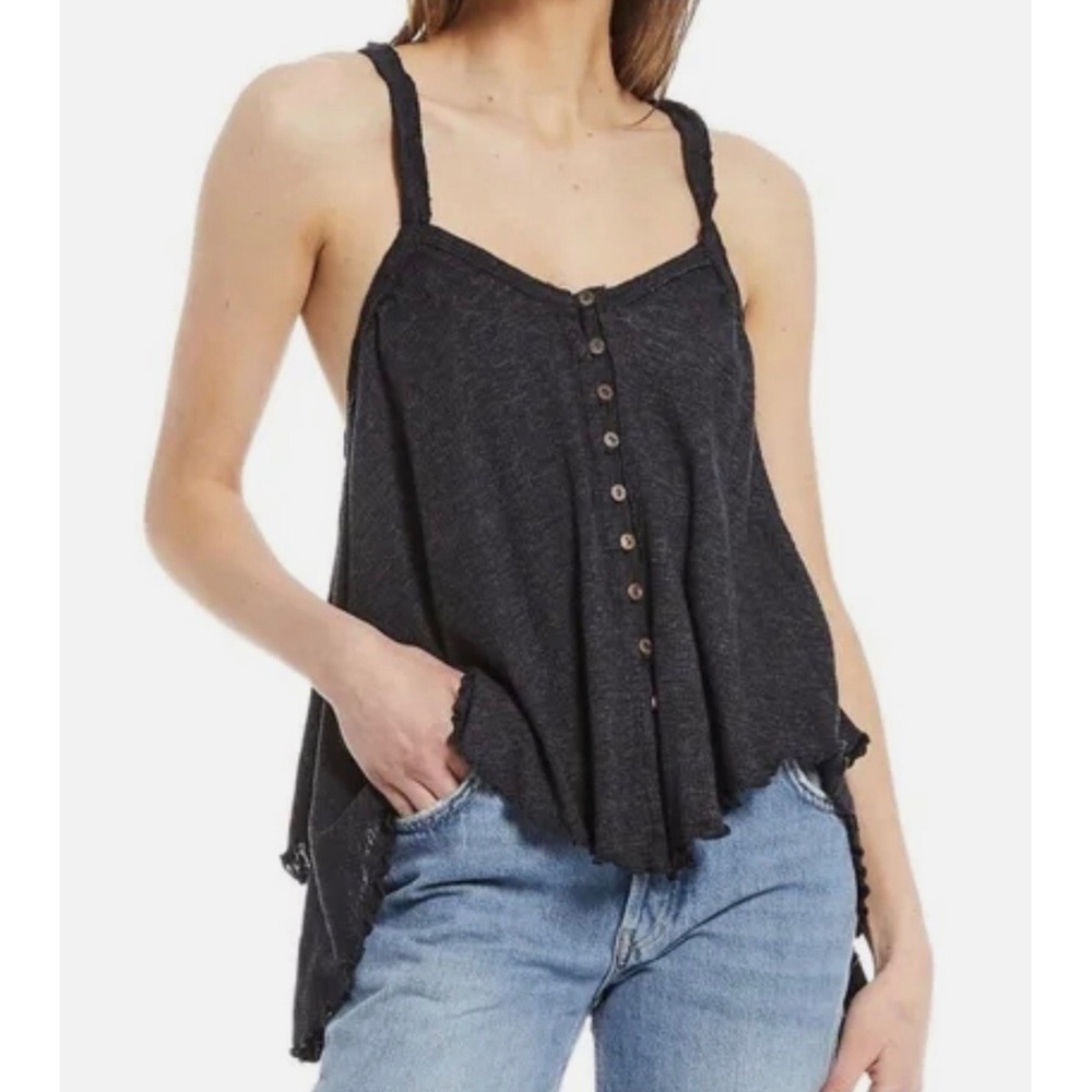 We The Free Free People‎ Medium Gray Button Front Shark Bite Hem Cami Tank